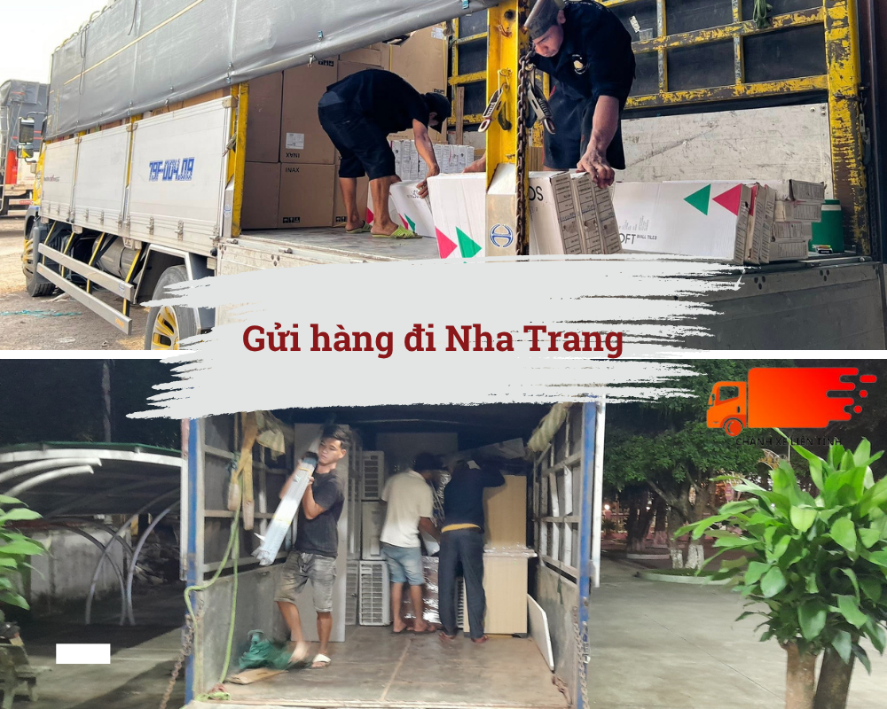 Nhân viên đang khẩn trương sắp xếp và bốc xếp hàng hóa lên xe tải, chuẩn bị cho chuyến vận chuyển đi Nha Trang